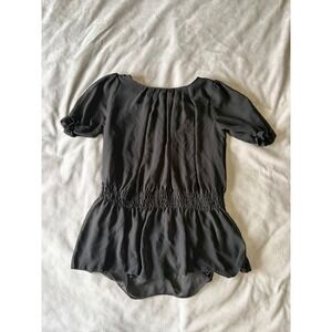 Black Chiffon Smocked Waist Peplum Blouse Short Puff Sleeve Scoop Neck Top